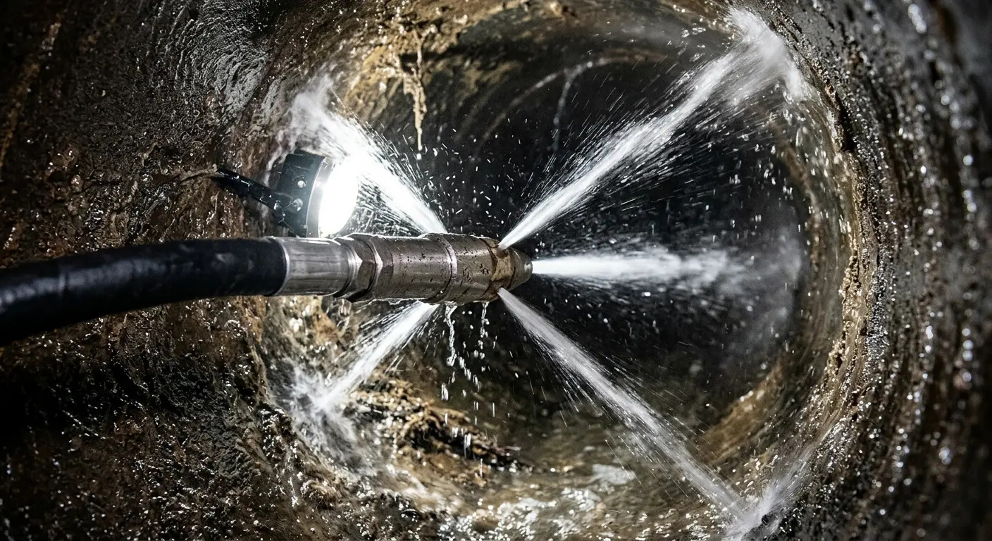 High-pressure hydro jetting nozzle cleaning sewer pipe for Emergency Drain Service in East Greenbush