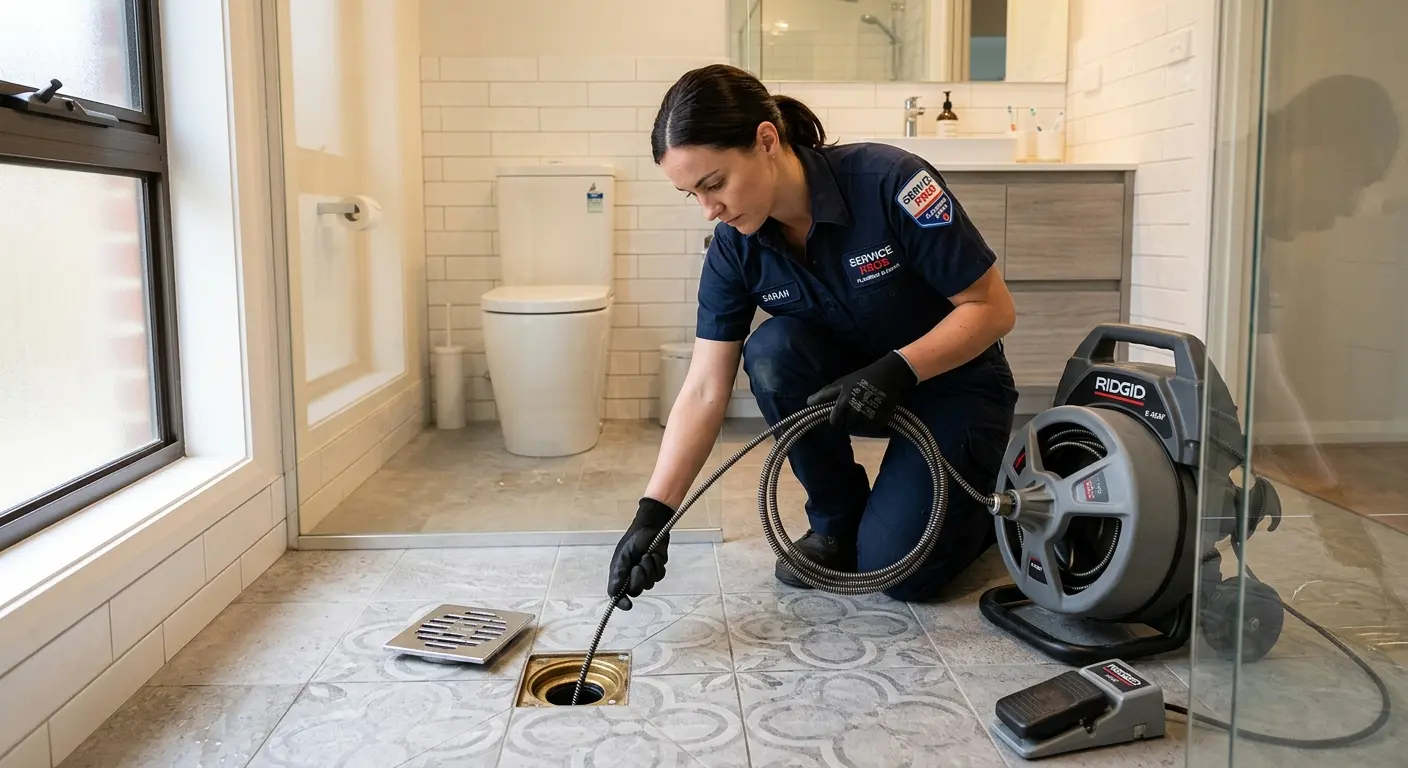 Technician clearing a bathroom floor drain for Drain Repair in East Greenbush